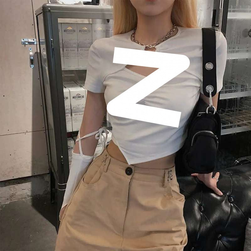 Hollow-out Short-sleeved Hot Girl Sexy Slim Fit Midriff-baring Top